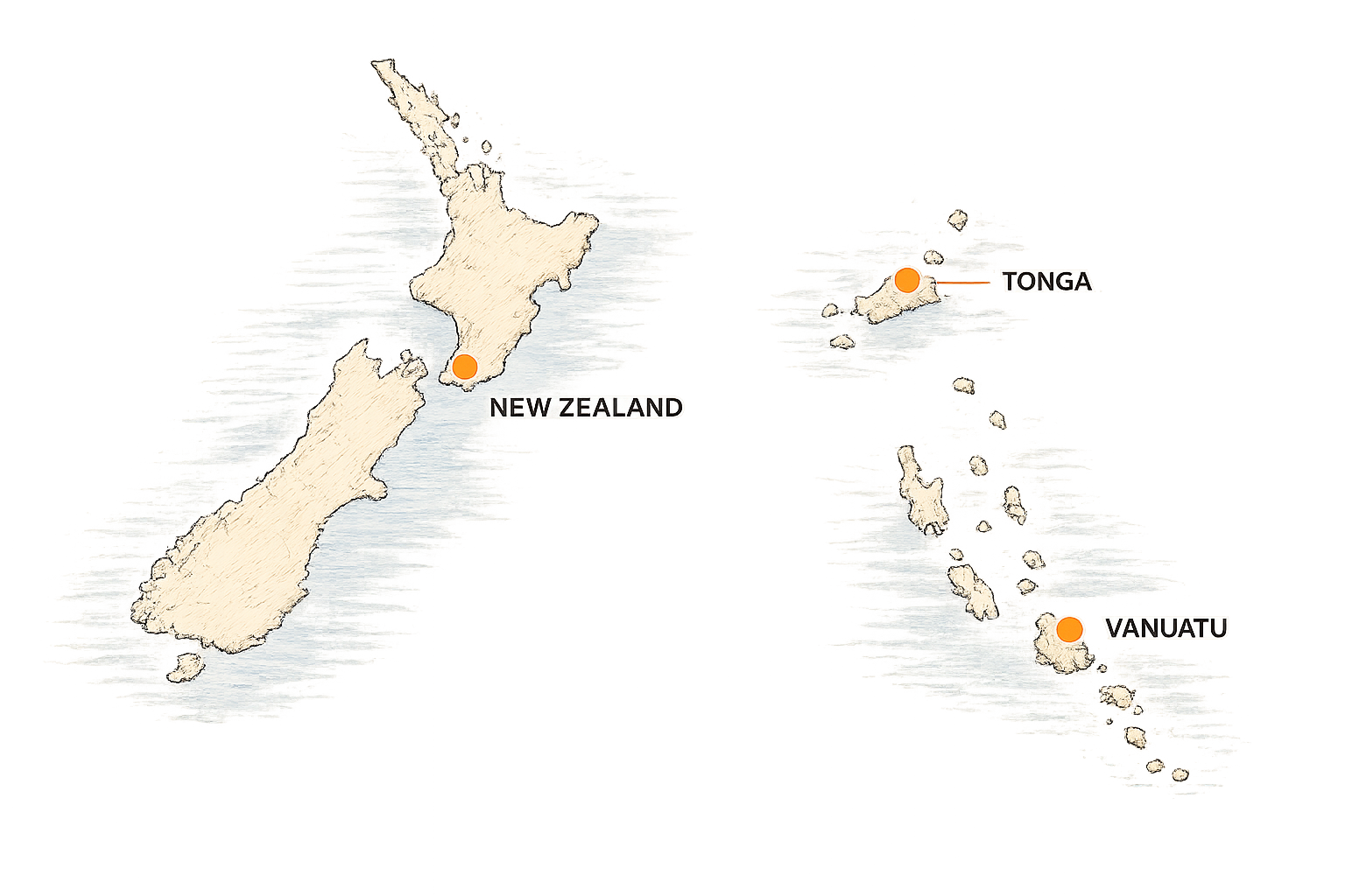 Illustrated map showing Build N Concrete Ltd operating across New Zealand, Tonga, and Vanuatu.