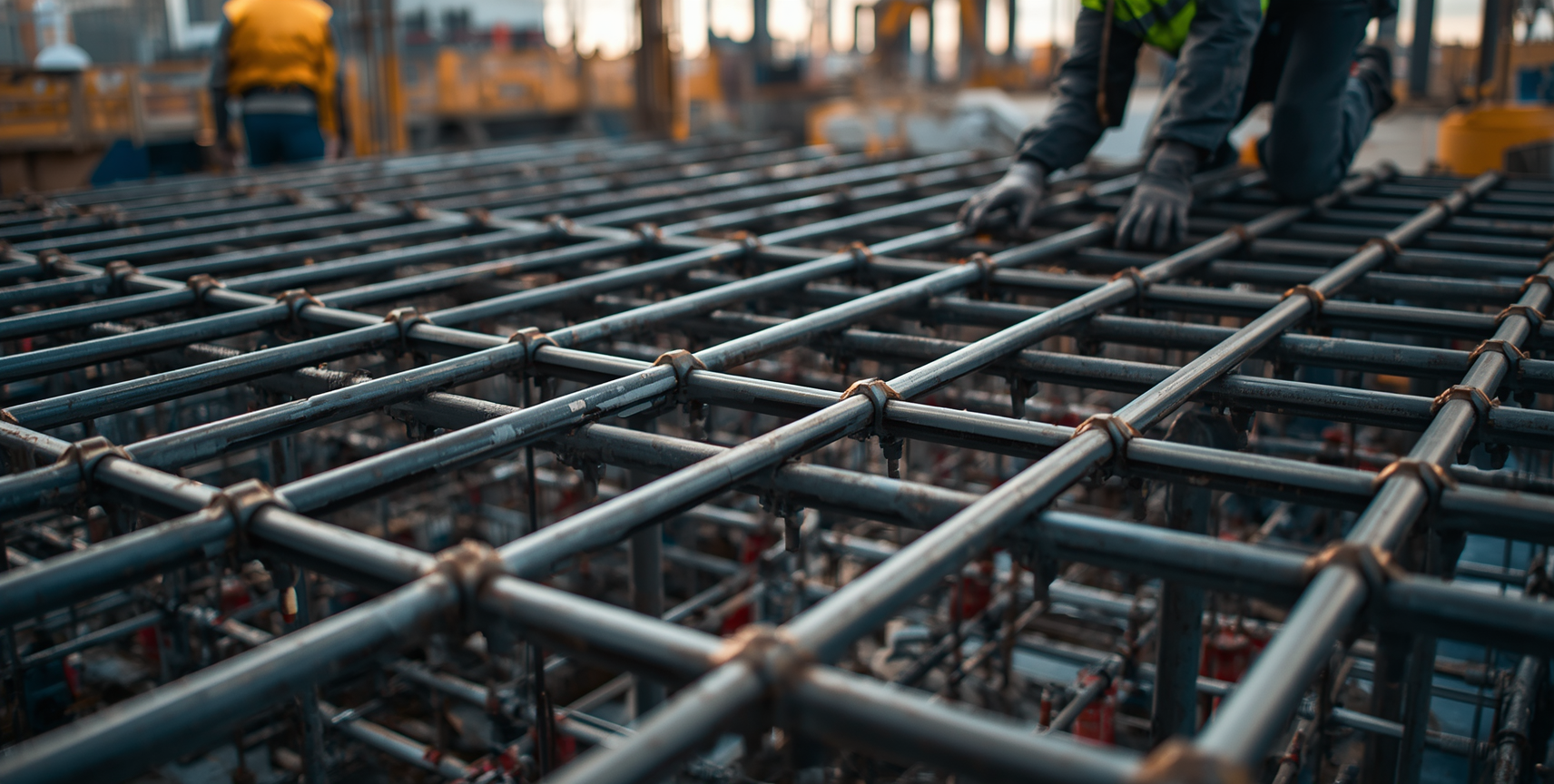Steel reinforcing installation prepared for structural concrete construction and foundation strengthening.